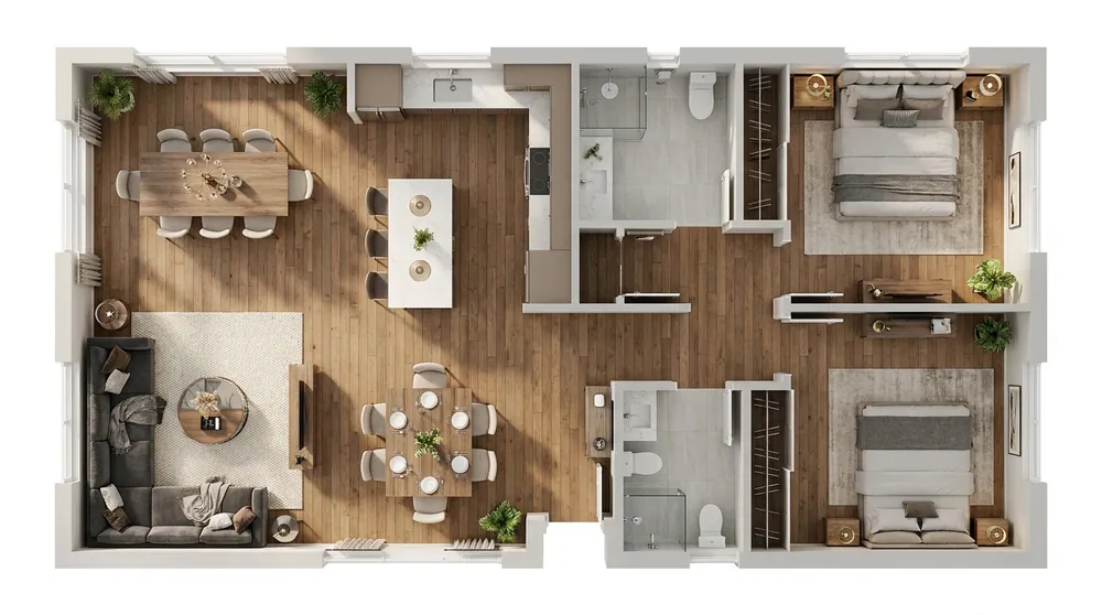 Top-down view of the furnished 3D home with each room numbered and connected to its matching render
